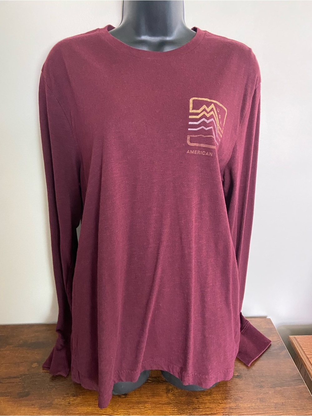 American Eagle Outfitters Long-Sleeve Crew Tee in Burgundy with Gold Accent